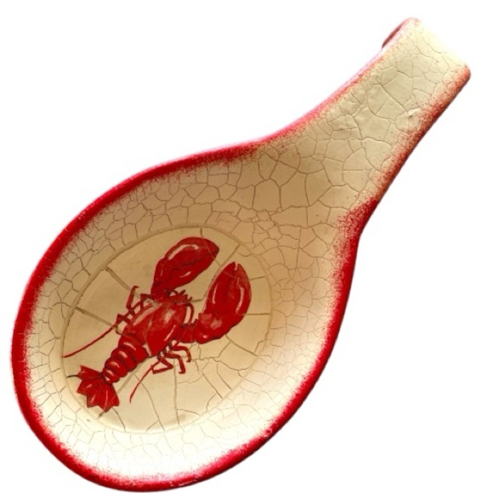 Spoon rest with Lobster design, intentional crackle glaze, ceramic, vintage